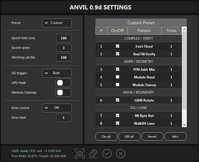 ANVIL SETTINGS window: settings on the left, the Custom pattern table grouped by fault type on the right and the AWE status with the run estimate at the bottom.