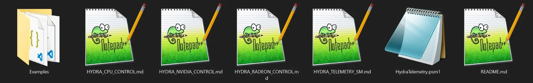The Tools folder of HYDRA: the Examples folder, HYDRA_CPU_CONTROL.md, HYDRA_NVIDIA_CONTROL.md, HYDRA_RADEON_CONTROL.md, HYDRA_TELEMETRY_SM.md, HydraTelemetry.psm1 and README.md.