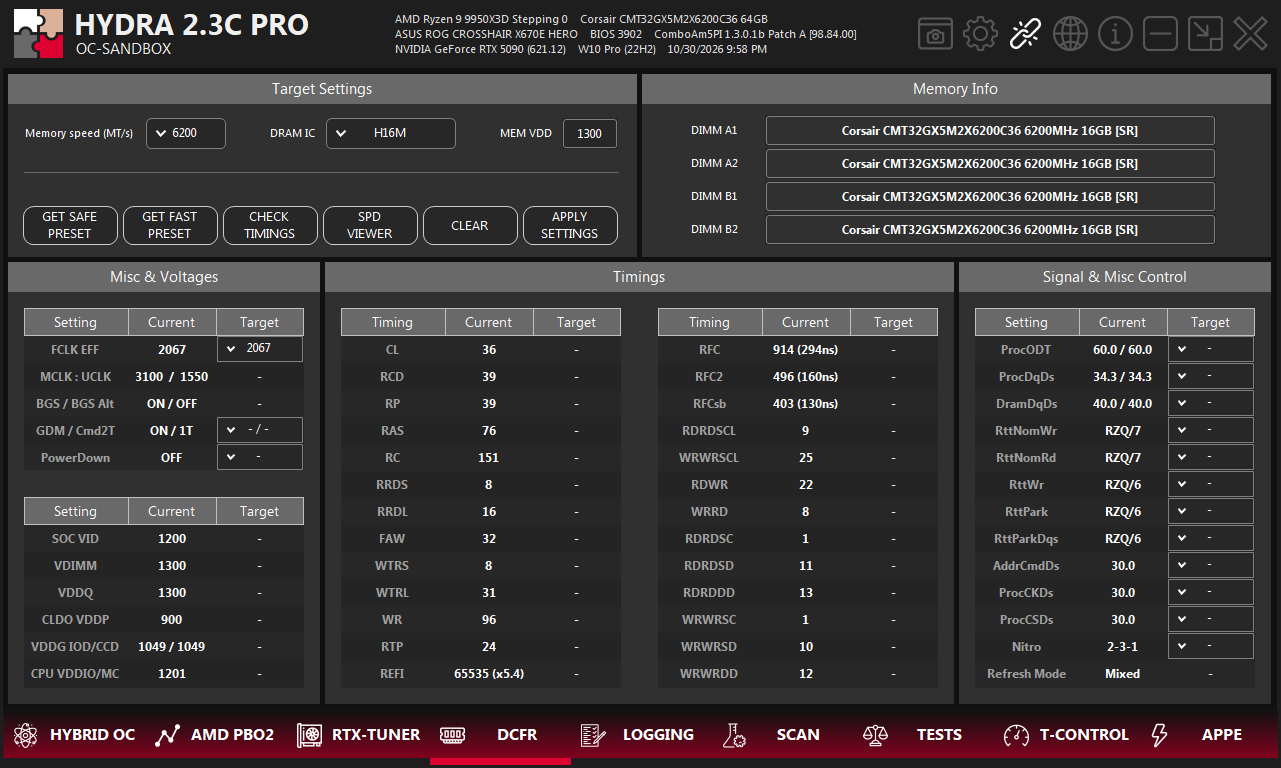 DCFR tab with four Corsair DDR5-6200 modules: target settings, preset buttons, memory info, misc settings and voltages, timings and signal settings.