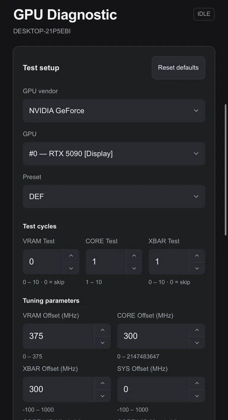 GPU Diagnostic in HYDRA LINK: GPU vendor NVIDIA GeForce, GPU #0 RTX 5090, preset DEF, test cycles for VRAM, CORE and XBAR, and tuning parameters with their ranges.