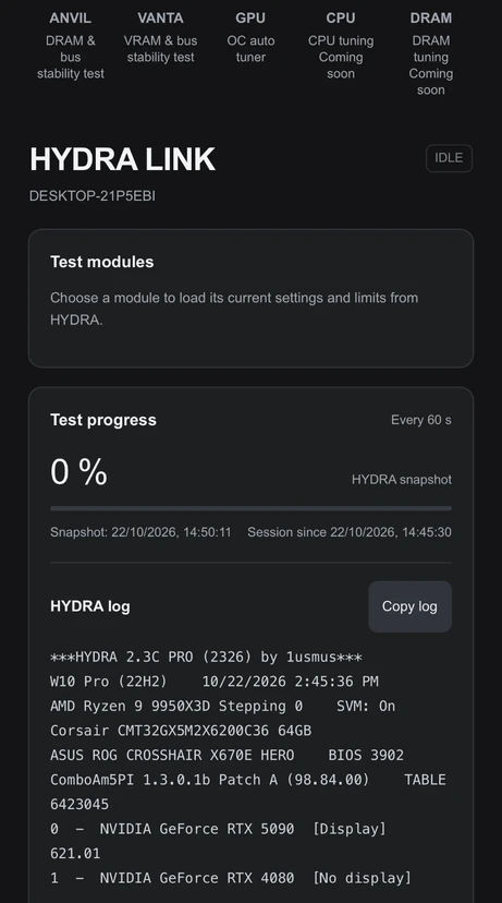 HYDRA LINK with the module bar ANVIL, VANTA, GPU, CPU and DRAM, the status IDLE, Test progress 0 % refreshed every 60 s, and the HYDRA log with Copy log.