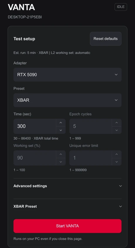 VANTA in HYDRA LINK: adapter RTX 5090, preset XBAR, time 300 s, epoch cycles, working set and unique error limit, Advanced settings, XBAR Preset and the Start VANTA button.