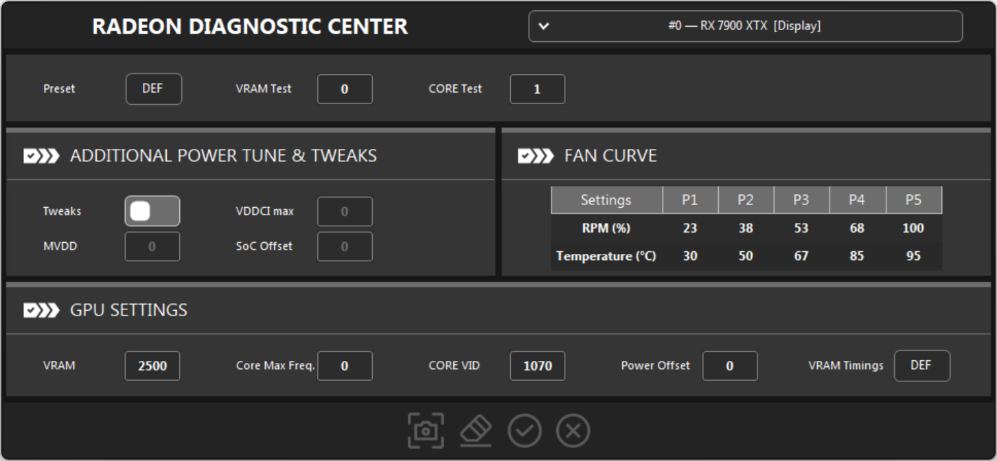 RADEON DIAGNOSTIC CENTER for #0 — RX 7900 XTX [Display]: Preset DEF, VRAM Test 0, CORE Test 1, the greyed-out ADDITIONAL POWER TUNE & TWEAKS panel, a five-point FAN CURVE, and GPU SETTINGS with VRAM 2500, Core Max Freq. 0, CORE VID 1070, Power Offset 0 and VRAM Timings DEF.