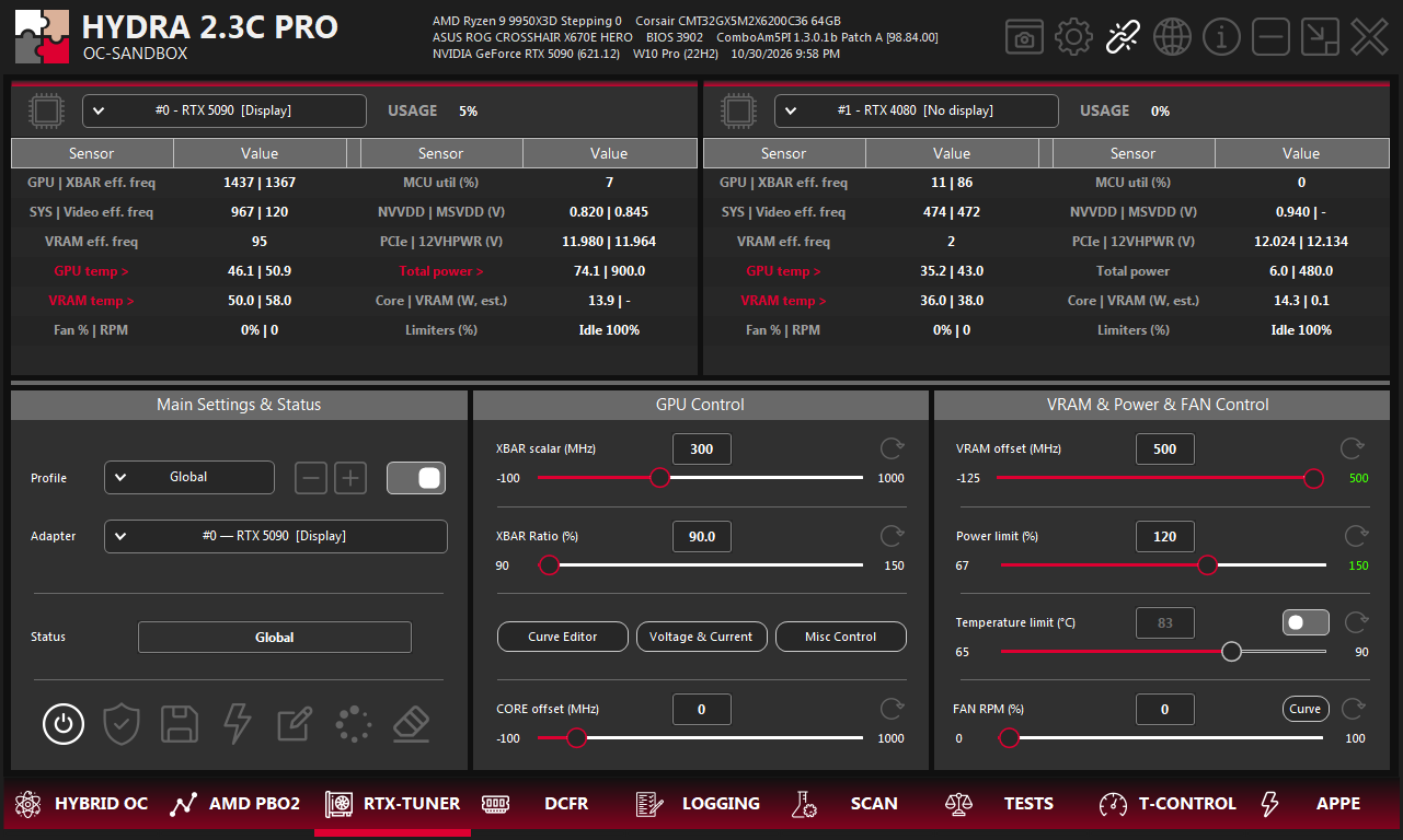 RTX-TUNER tab with an RTX 5090 and an RTX 4080: live sensors on top, the Global profile active, GPU Control and VRAM, Power and FAN Control panels below.