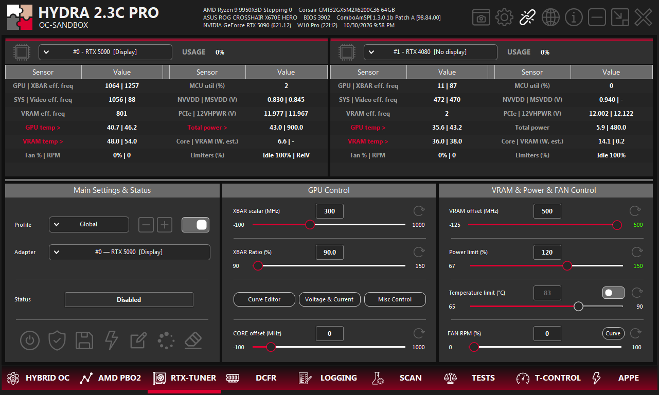 RTX-TUNER tab for an RTX 5090 with XOC on. The maximum values of VRAM offset (500) and Power limit (150) are shown in green.