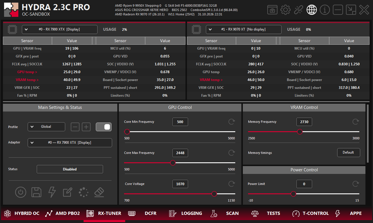 RX-TUNER tab with an RX 7900 XTX and an RX 9070 XT: live sensors on top, the Global profile selected, GPU Control, VRAM Control and Power Control panels below.