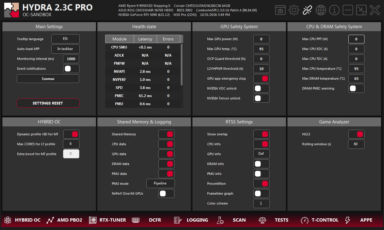 SETTINGS tab of HYDRA with the Shared Memory & Logging panel: Shared Memory, CPU data, GPU data, DRAM data and PMU data on, PMU mode Pipeline, NvPerf One/All GPUs off.
