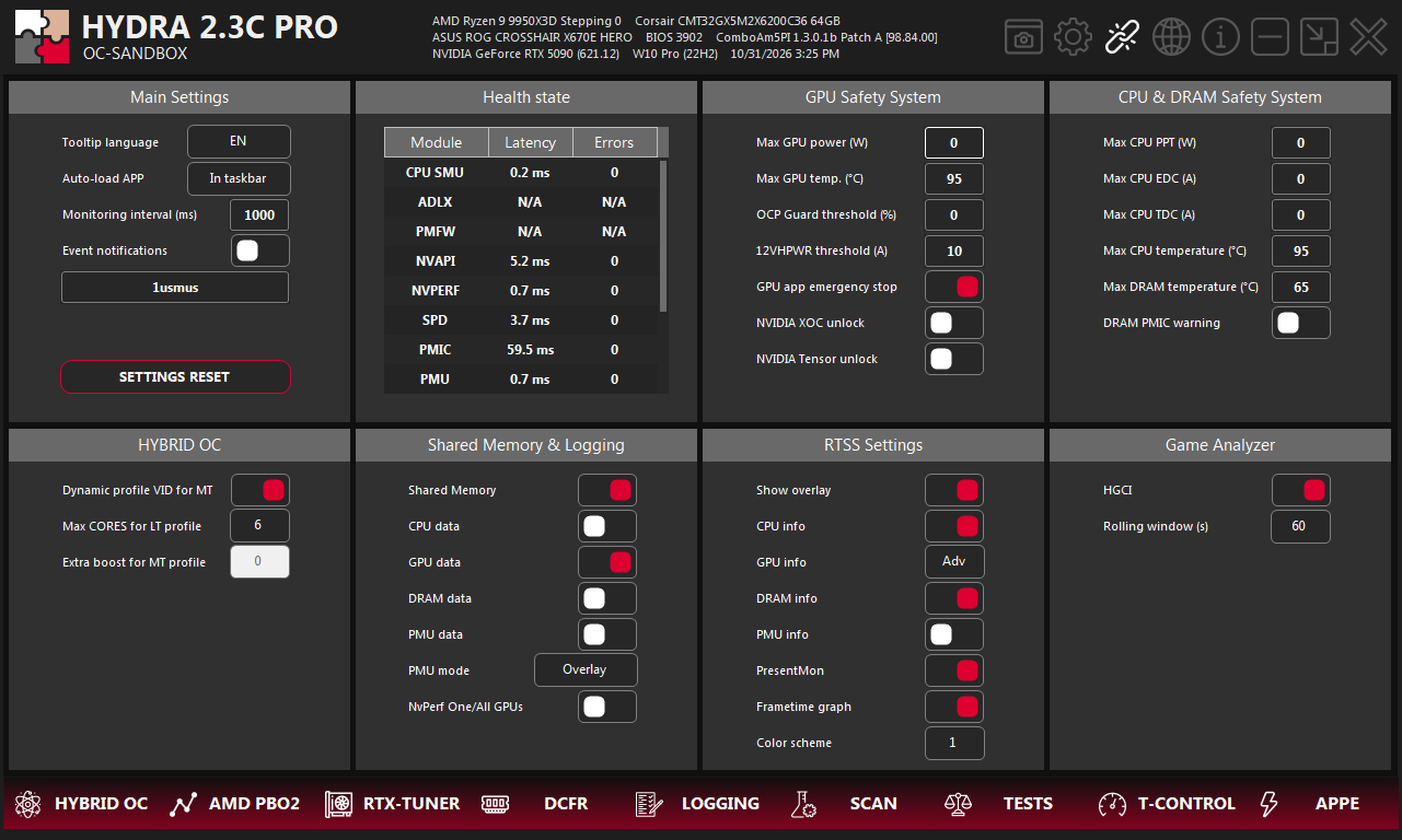 SETTINGS tab of HYDRA with the RTSS Settings panel: Show overlay, CPU info, GPU info set to Adv, DRAM info, PMU info, PresentMon, Frametime graph and Color scheme 1.