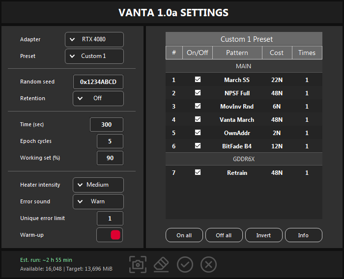 VANTA SETTINGS window: settings on the left, the Custom 1 pattern table on the right and the run estimate at the bottom.