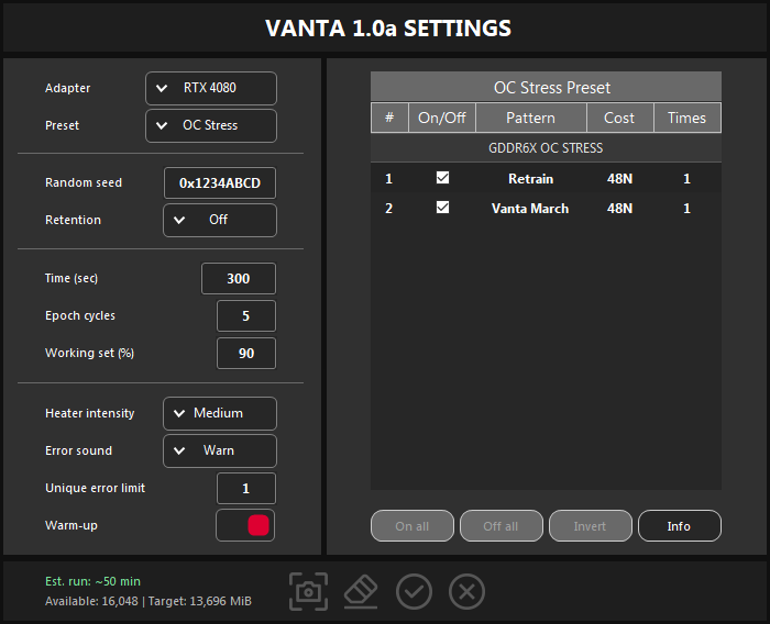 VANTA SETTINGS with the OC Stress preset on an RTX 4080: Retrain and Vanta March in a read-only table.