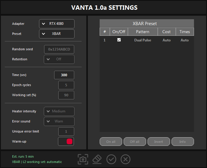 VANTA SETTINGS with the XBAR preset: one Dual Pulse row, most settings greyed out.